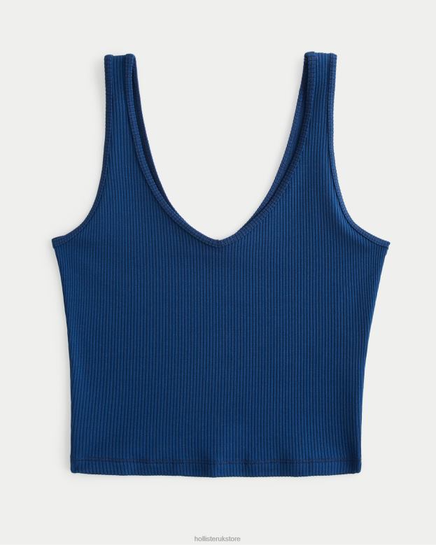Tops Hollister Women Seamless Fabric Ribbed Crop V-Neck Tank 4882022 Dark Blue