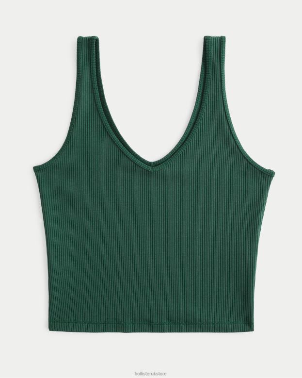 Tops Hollister Women Seamless Fabric Ribbed Crop V-Neck Tank 4882042 Dark Green
